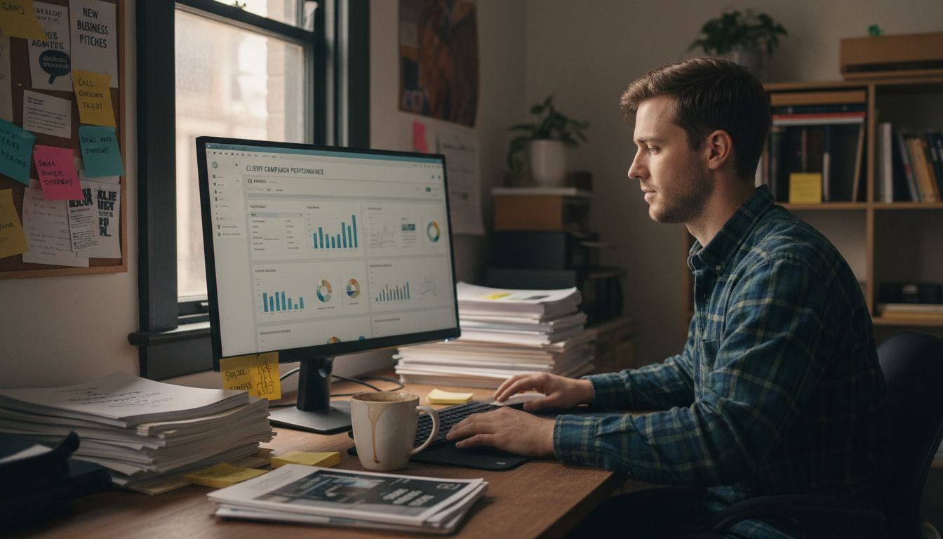 Project manager in cluttered agency workspace