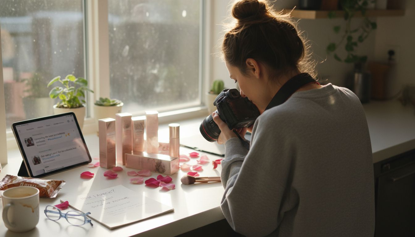 Woman photographing ecommerce products at kitchen counter