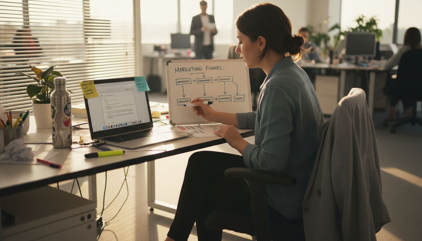 Marketer drawing email workflow on whiteboard