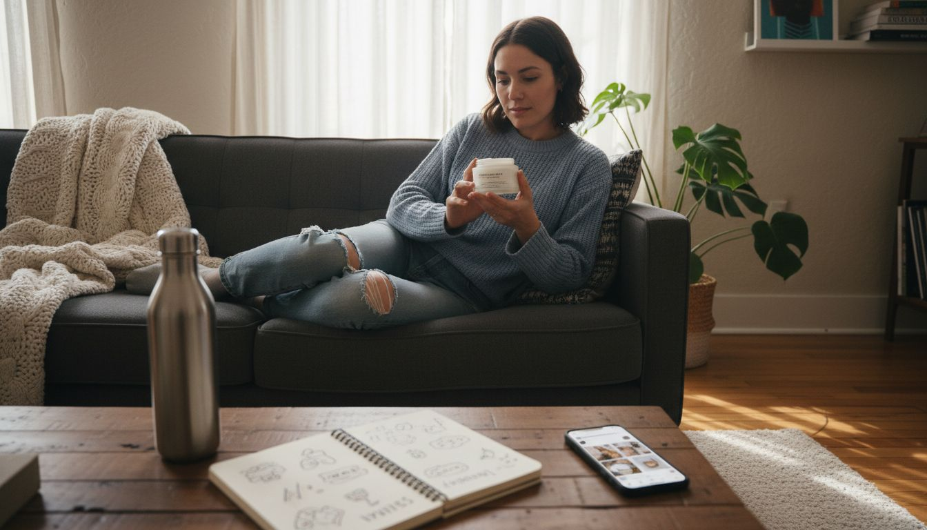 Influencer casually reviewing product in home setting