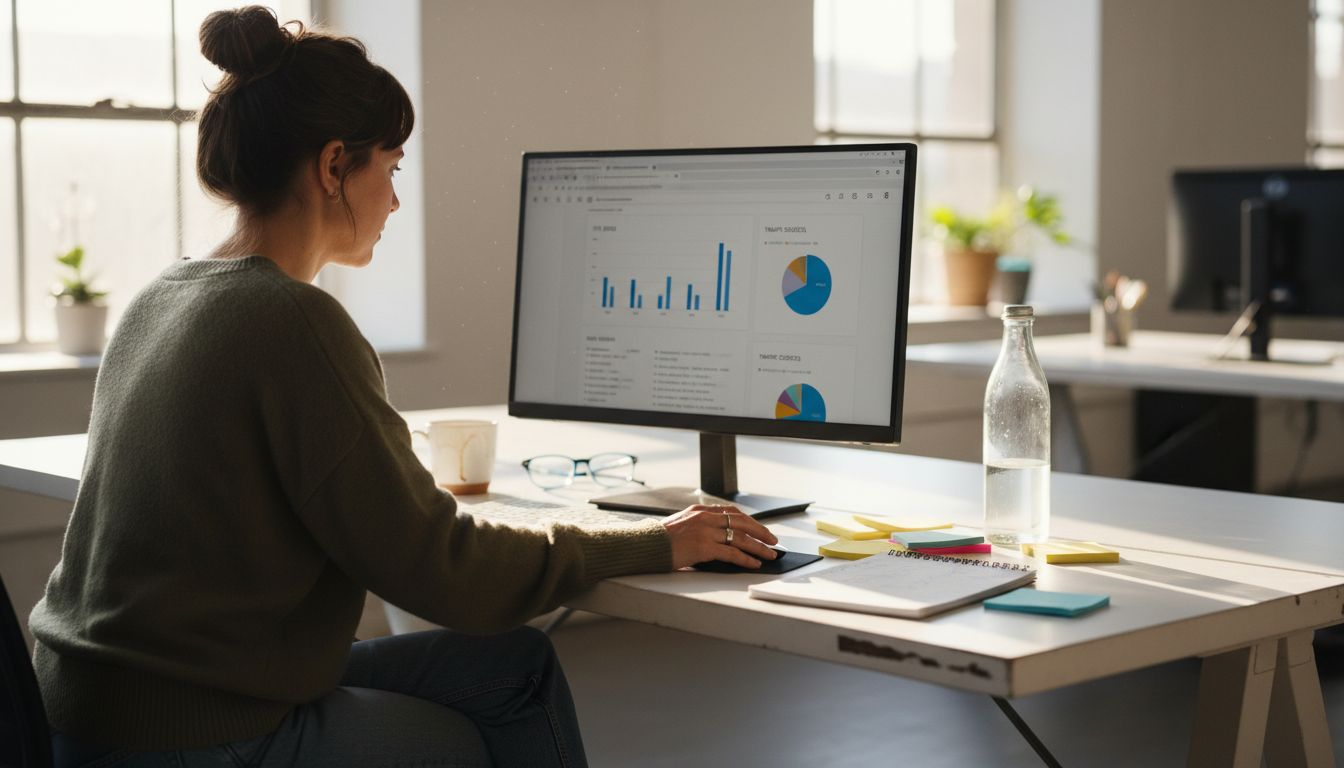 Website manager reviews SEO analytics dashboard