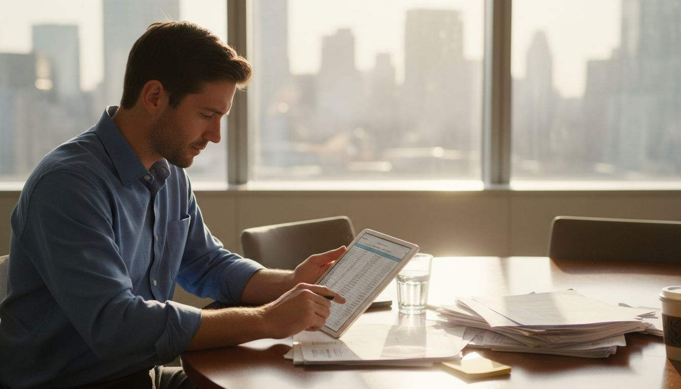 Manager reviewing digital campaign documents