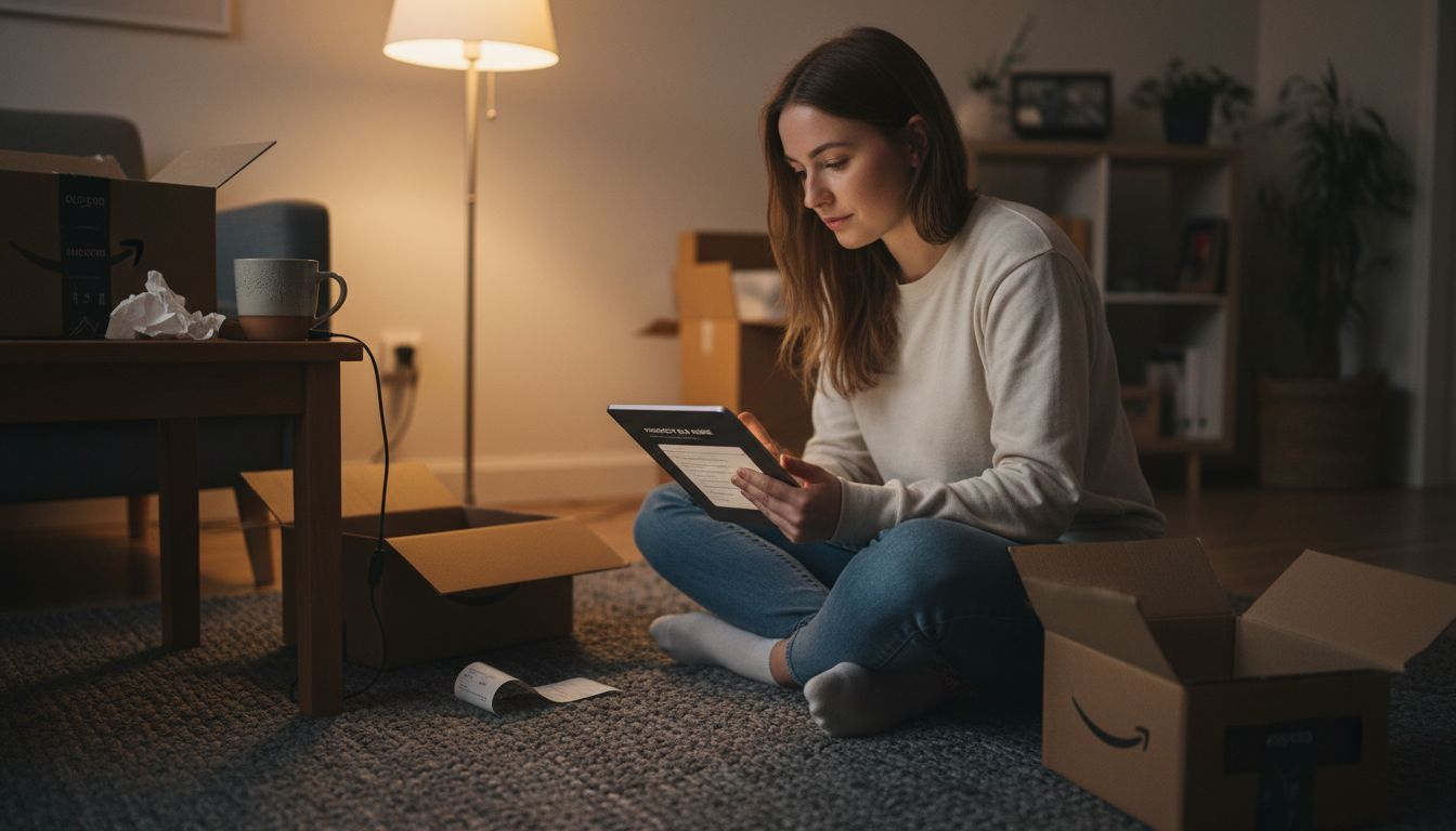Woman reading ecommerce product guide at home