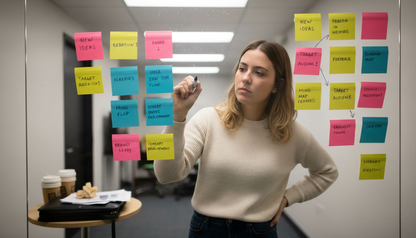 Woman brainstorming content pillars on sticky notes