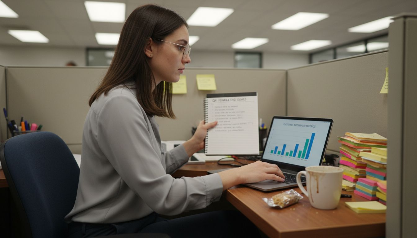 Woman listing marketing goals at desk