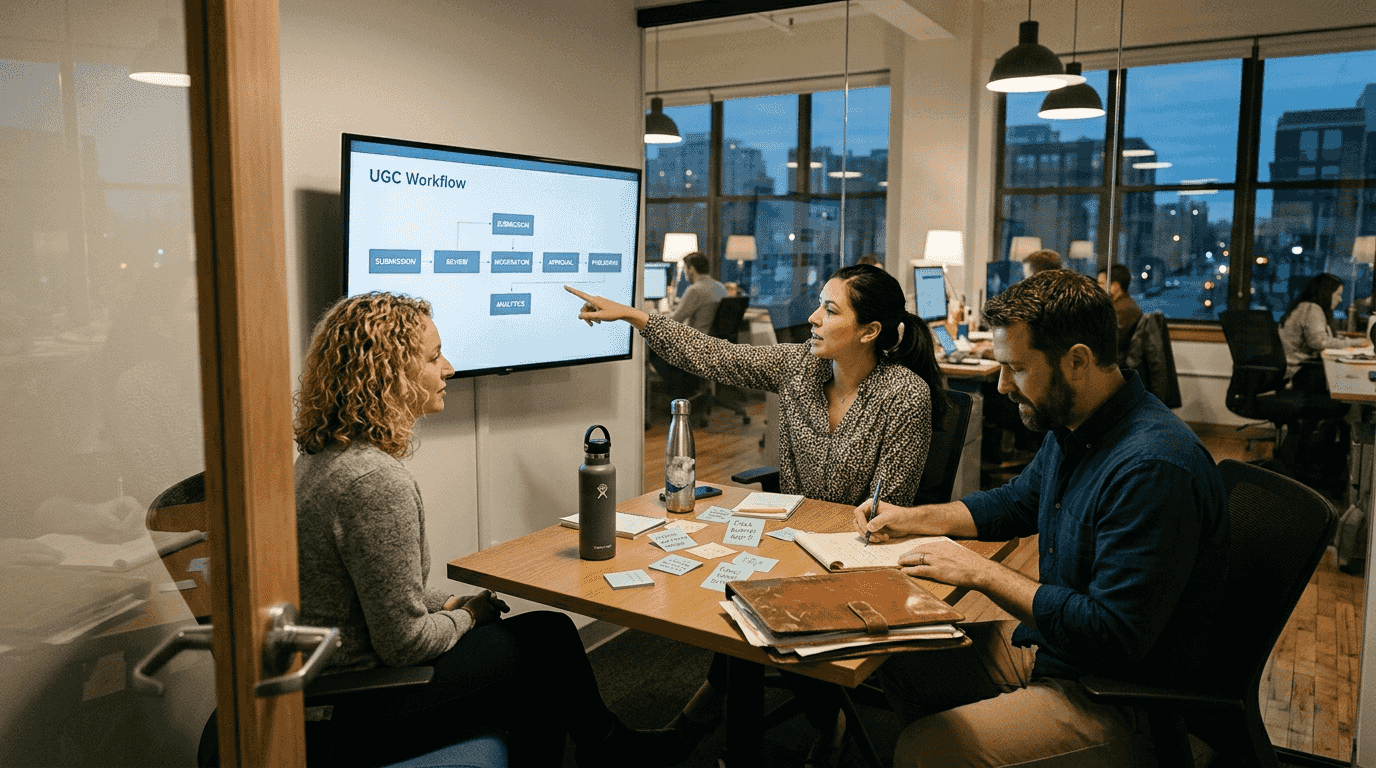 Team discusses UGC workflow in agency office