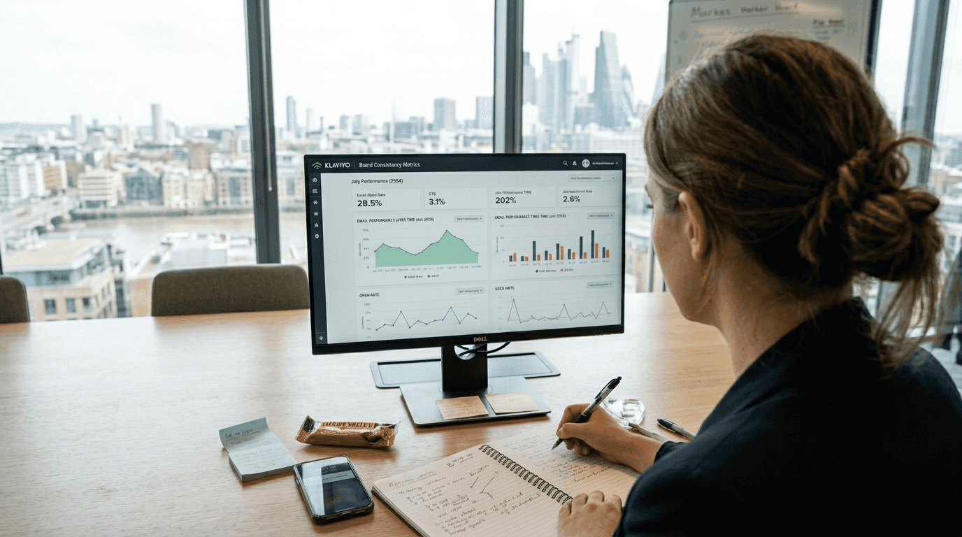Manager checking brand consistency metrics
