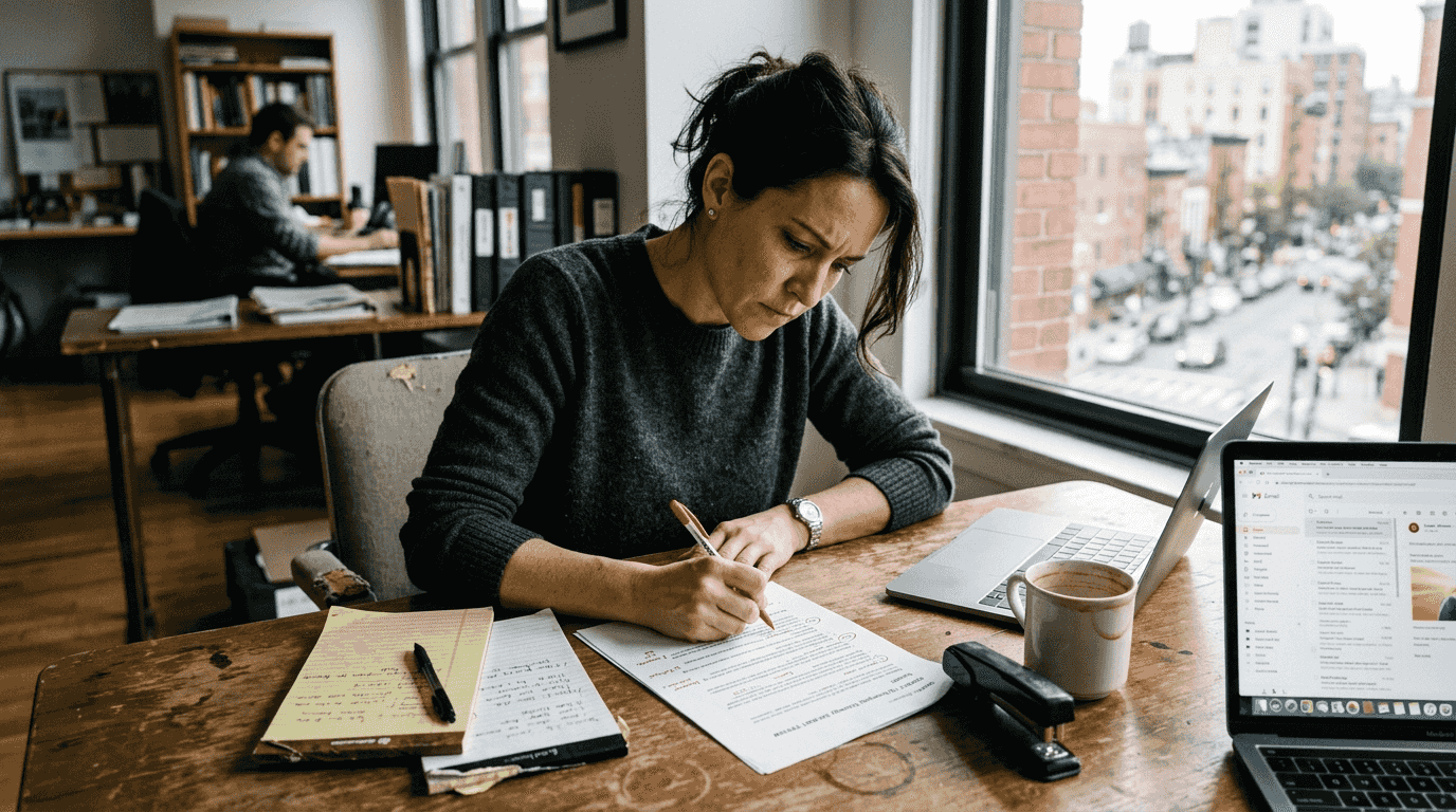 Marketer reviewing printed email campaign content