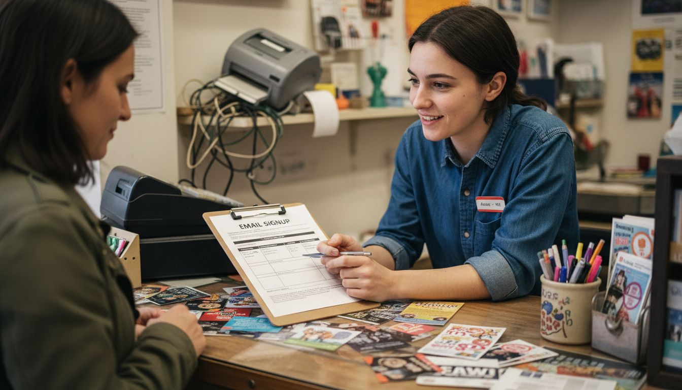 Retail worker collecting email at checkout counter