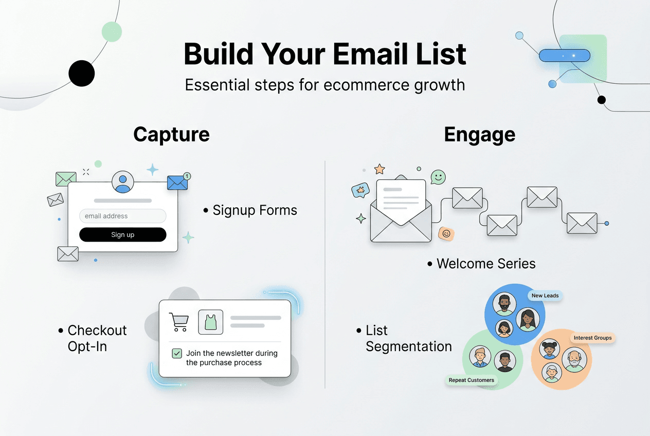 Infographic showing key email list building steps