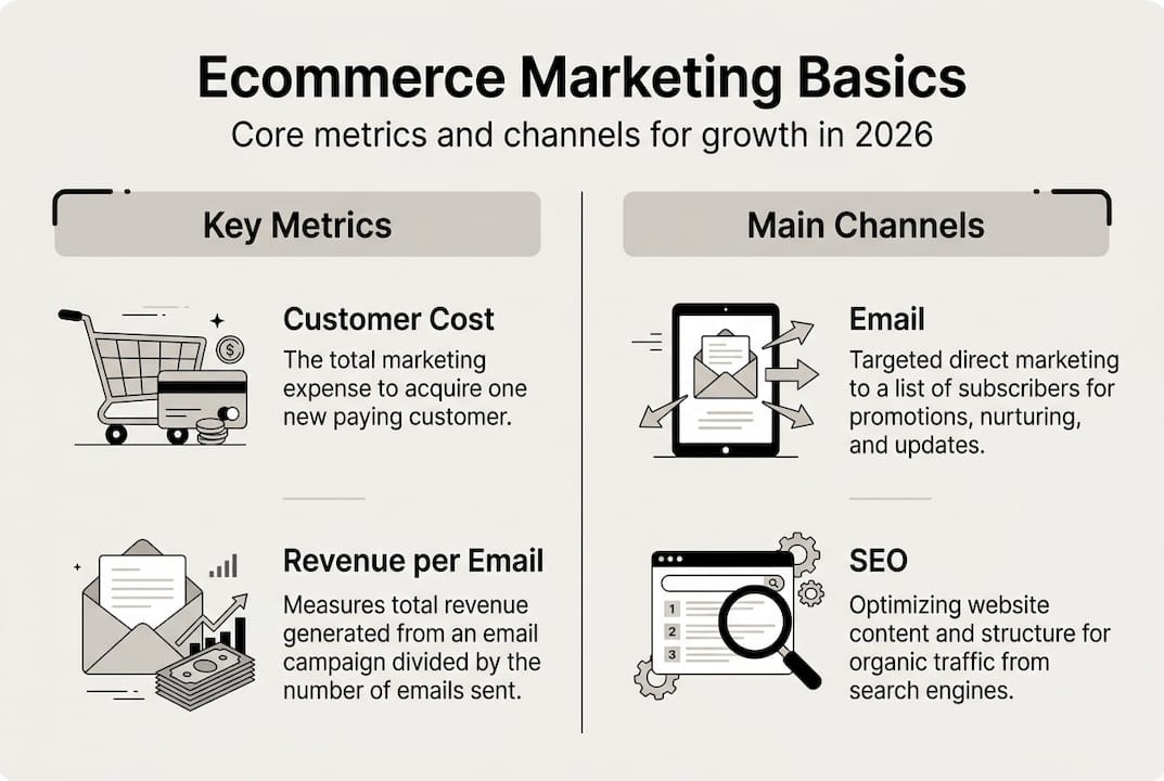 Infographic of ecommerce marketing metrics and channels