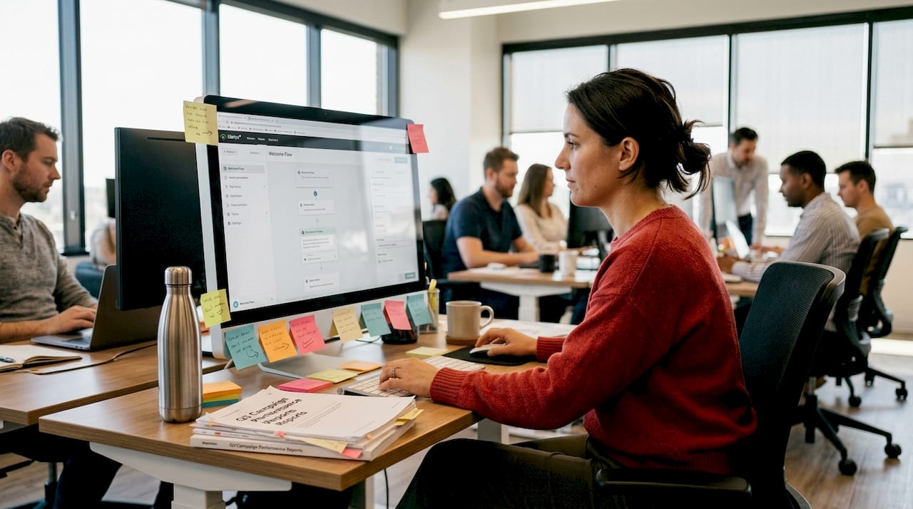 Marketer configuring email automation in office