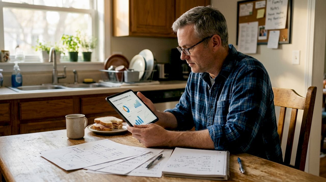 Man planning email flows in home kitchen