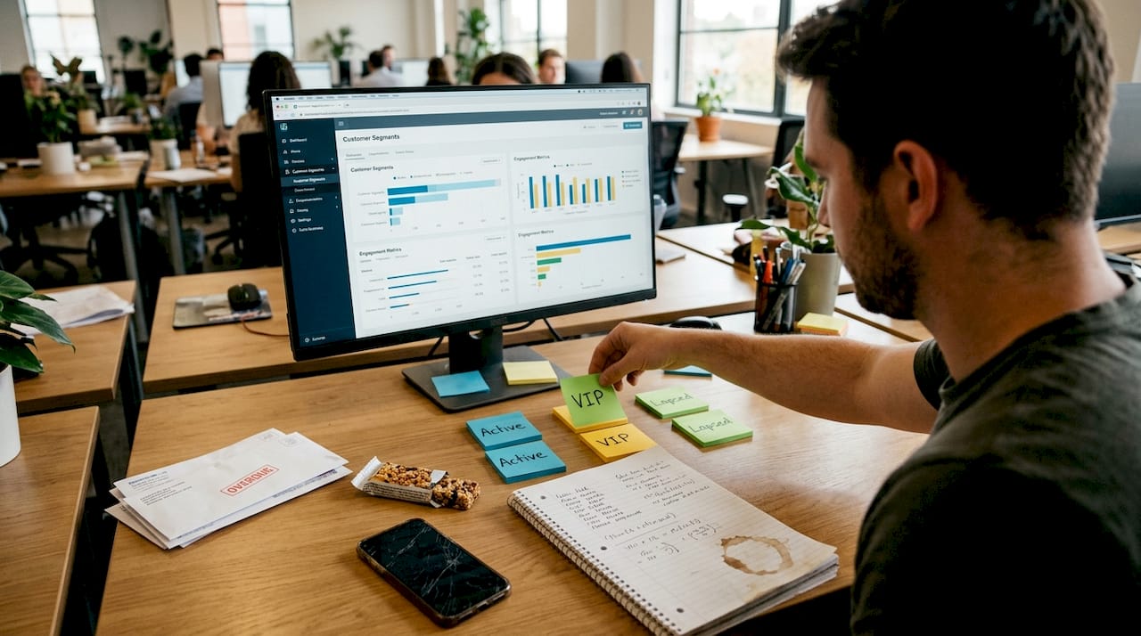 Manager sorting email segmentation sticky notes