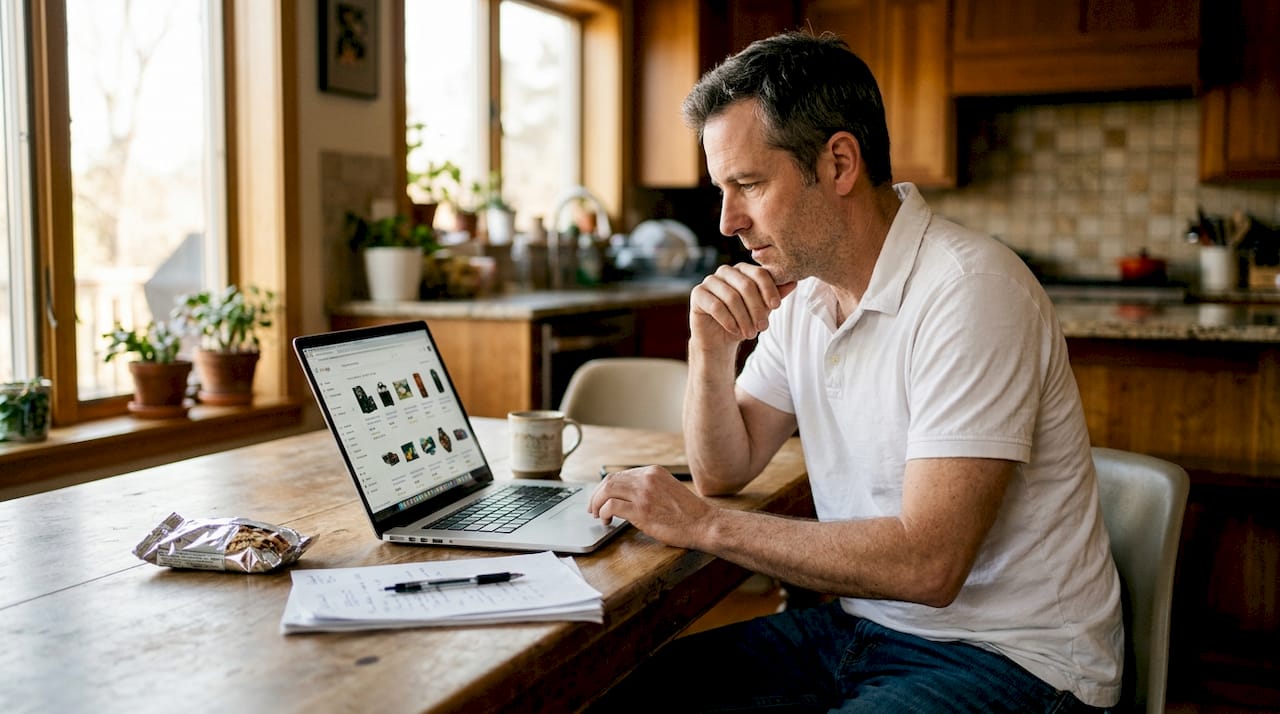 Man researching shopping ad campaigns at kitchen table