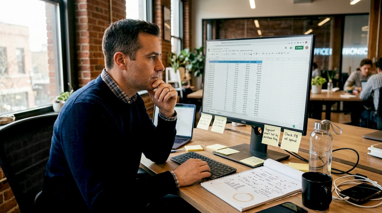 Brand strategist reviewing retention data workspace