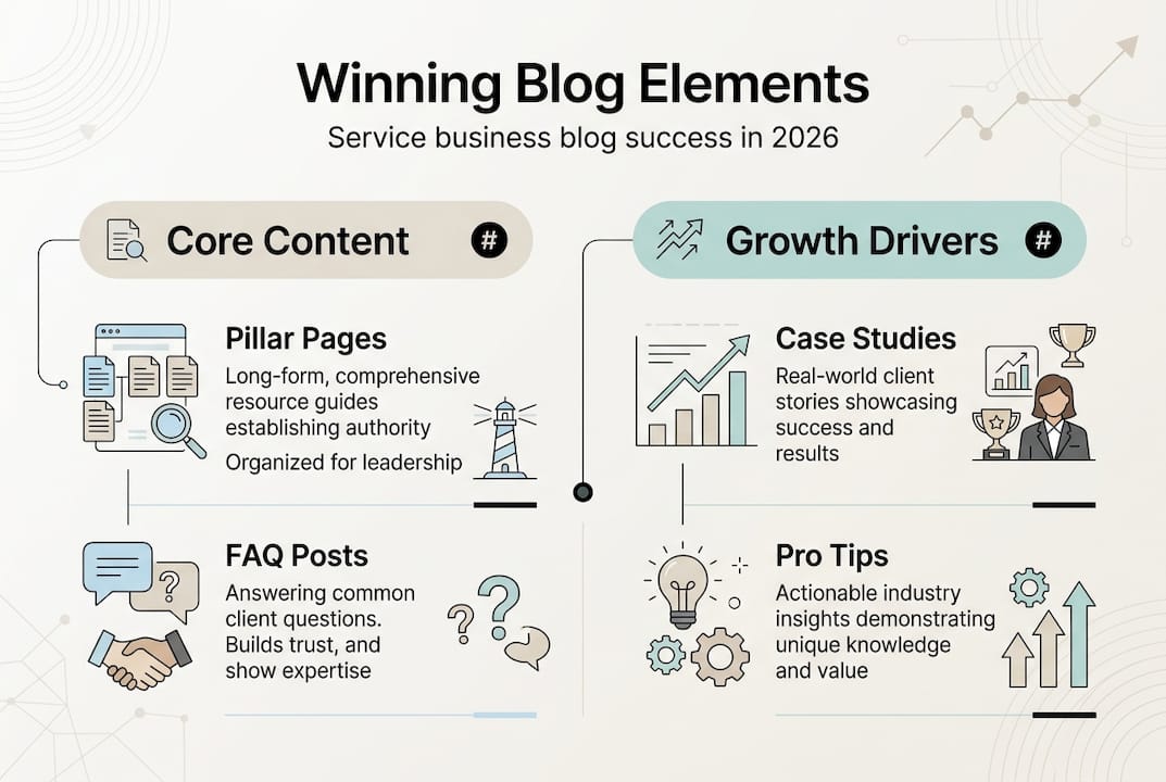 Infographic of core blog components and growth drivers