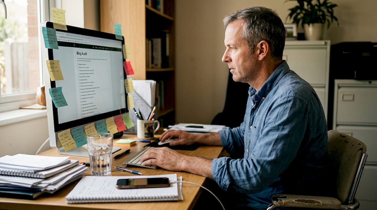 Man auditing service business blog on desktop