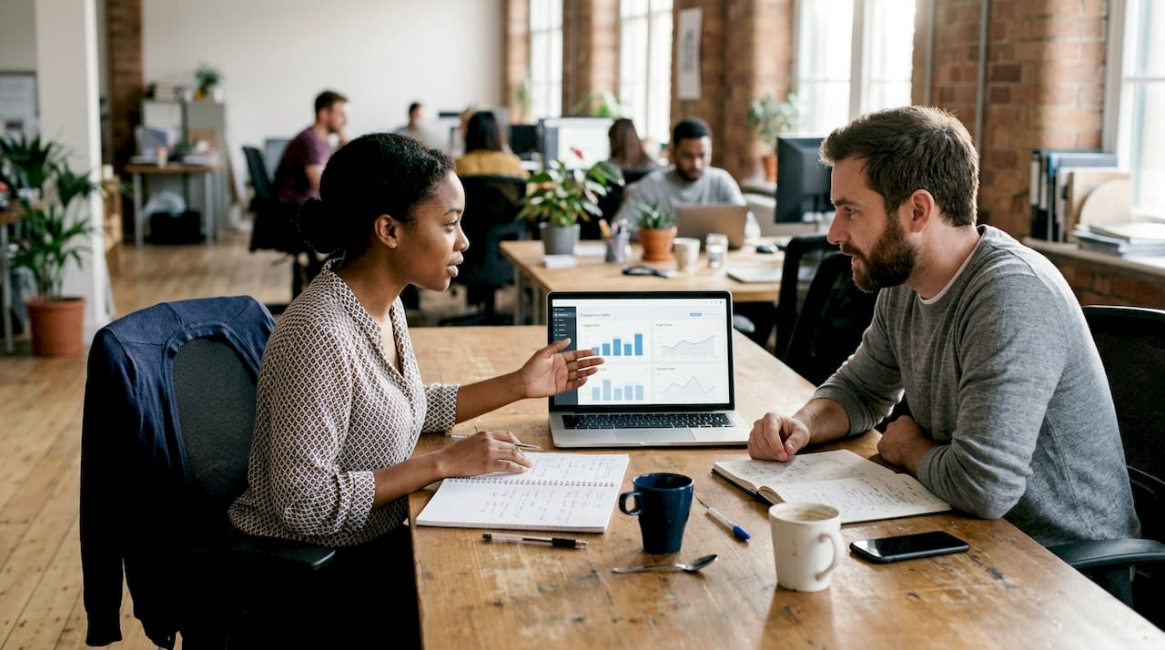 Coworkers review e-commerce engagement analytics