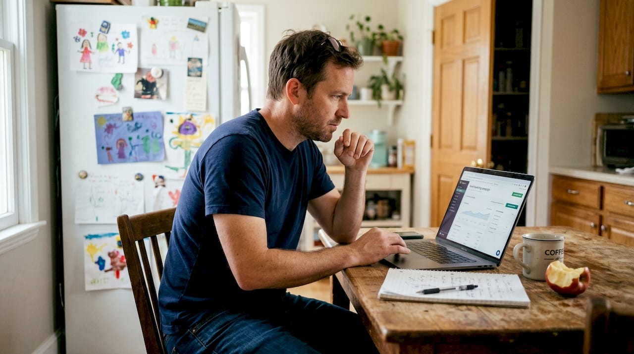 Man preparing email campaign at kitchen table