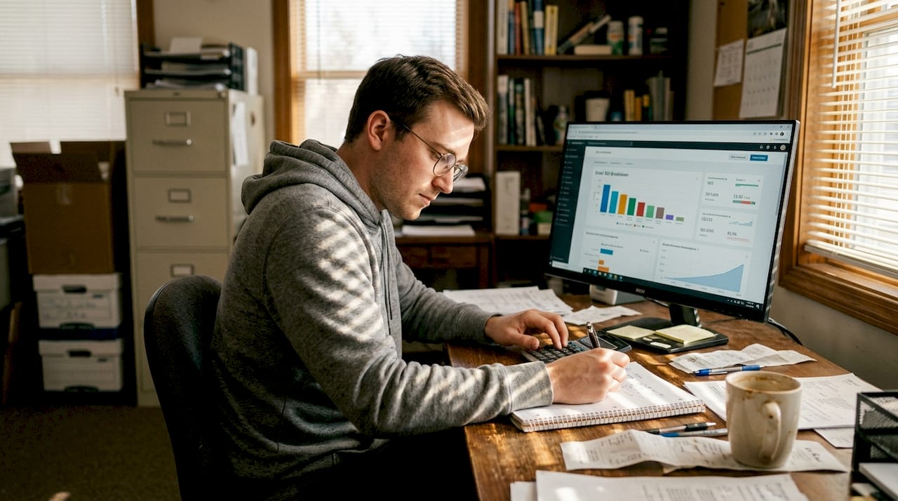 Man reviewing email ROI chart at messy desk
