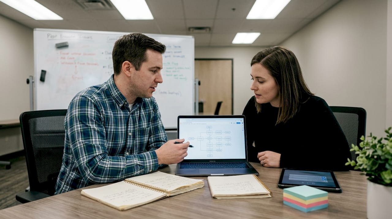 Team reviewing workflow on laptop in conference room