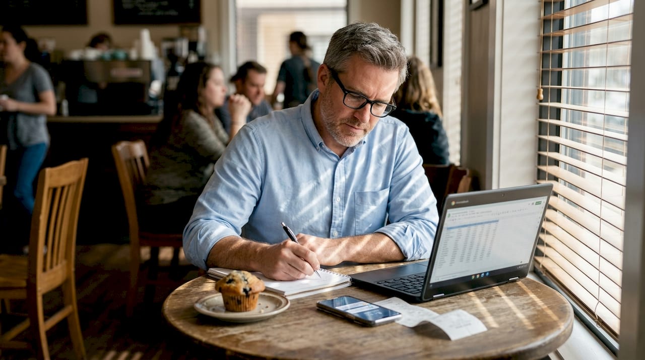 Man comparing ecommerce KPIs in café with notes