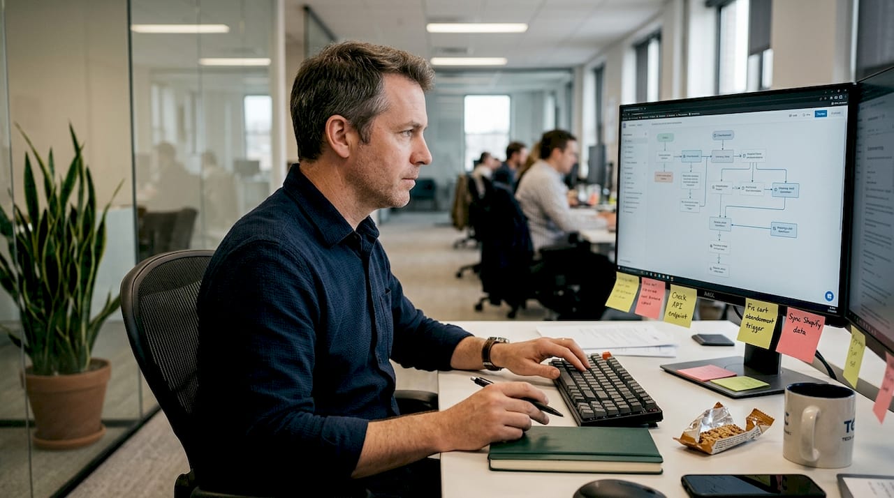 Ecommerce specialist reviewing email automation workflow