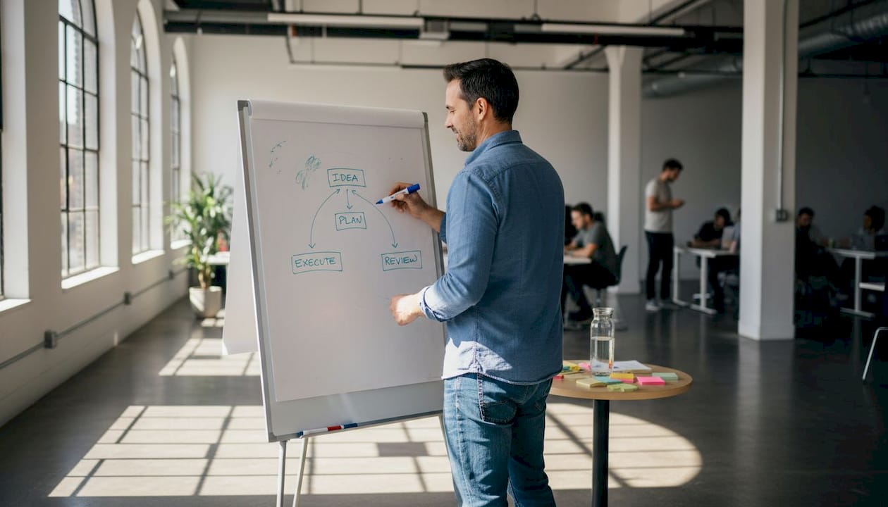 Coach sketching visual framework on whiteboard