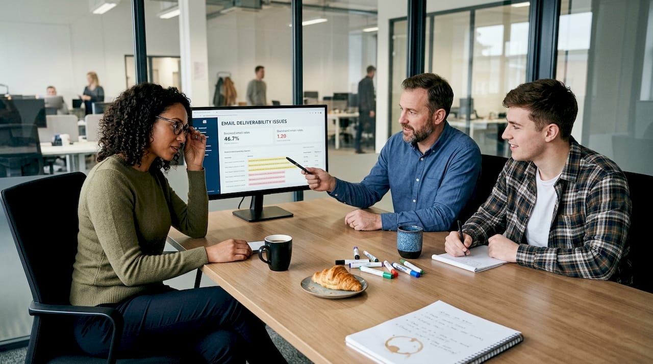 Team reviewing email deliverability analytics together