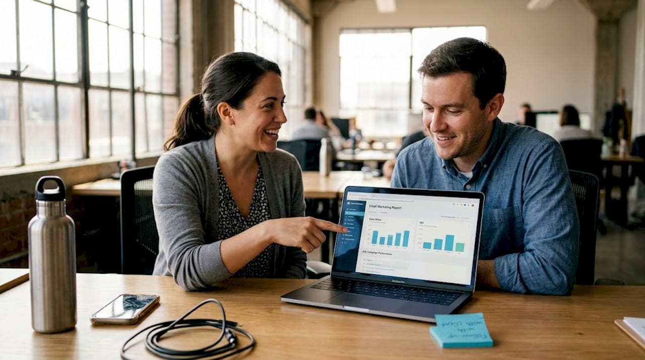 Coworkers review email marketing report together