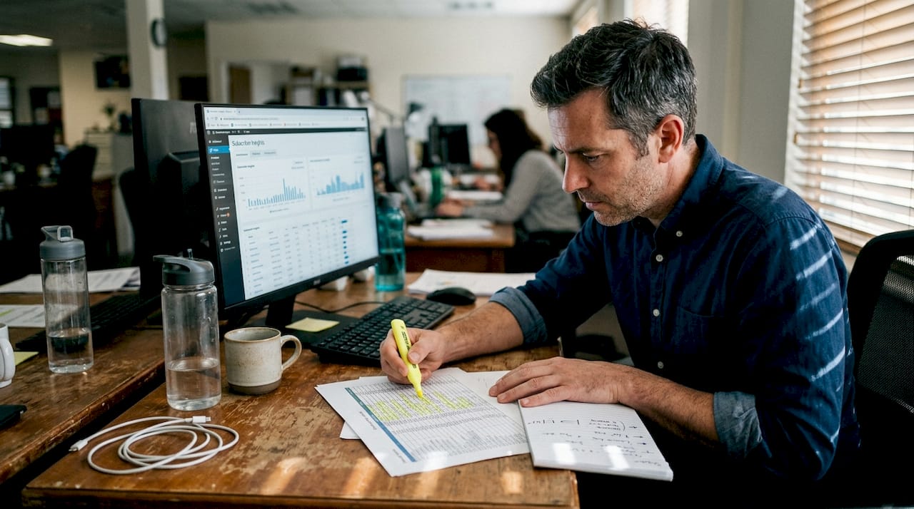 Manager reviewing subscriber data spreadsheet