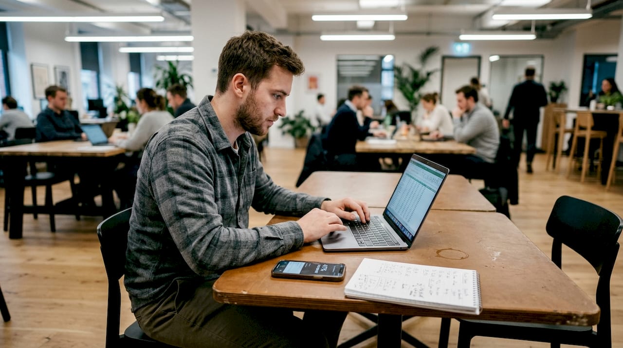 Man working on revenue data laptop workspace