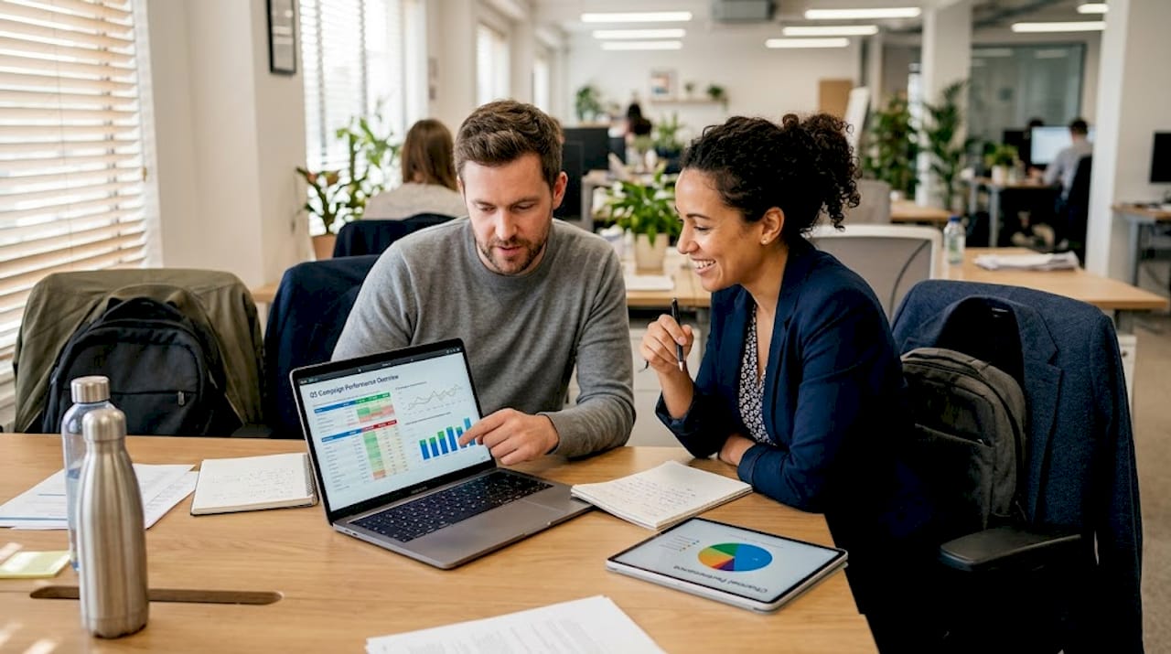 Team reviews marketing campaign results together