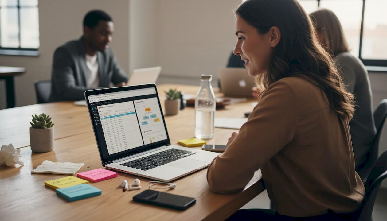 Marketer segmenting email lists at office table