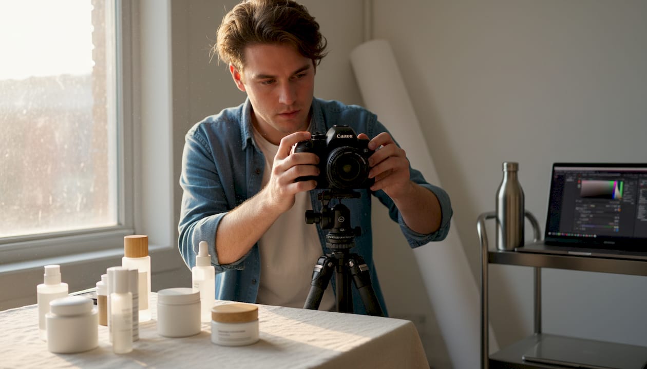 Photographer preparing product photo setup