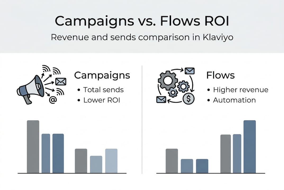 Infographic comparing campaigns to flows in Klaviyo