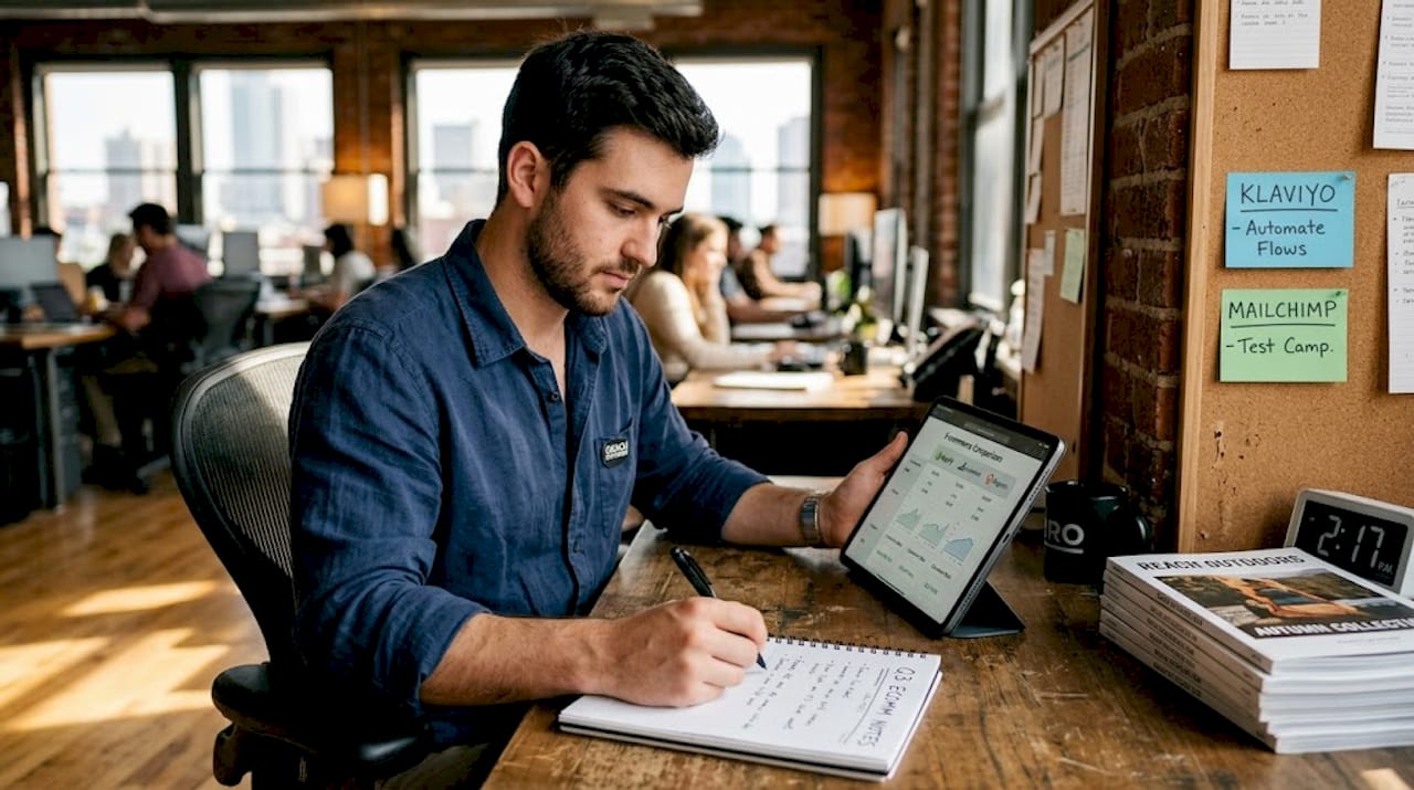 Manager reviews email platforms on tablet