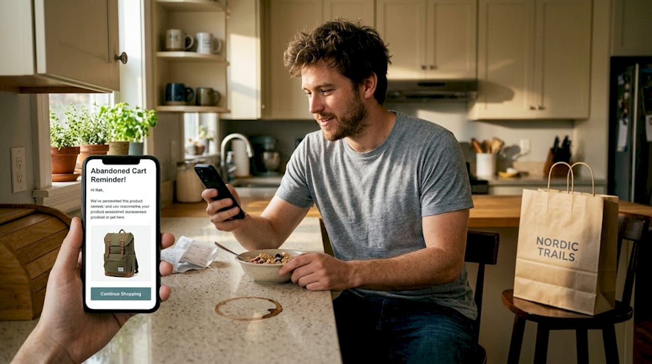 Man checking abandoned cart email in kitchen