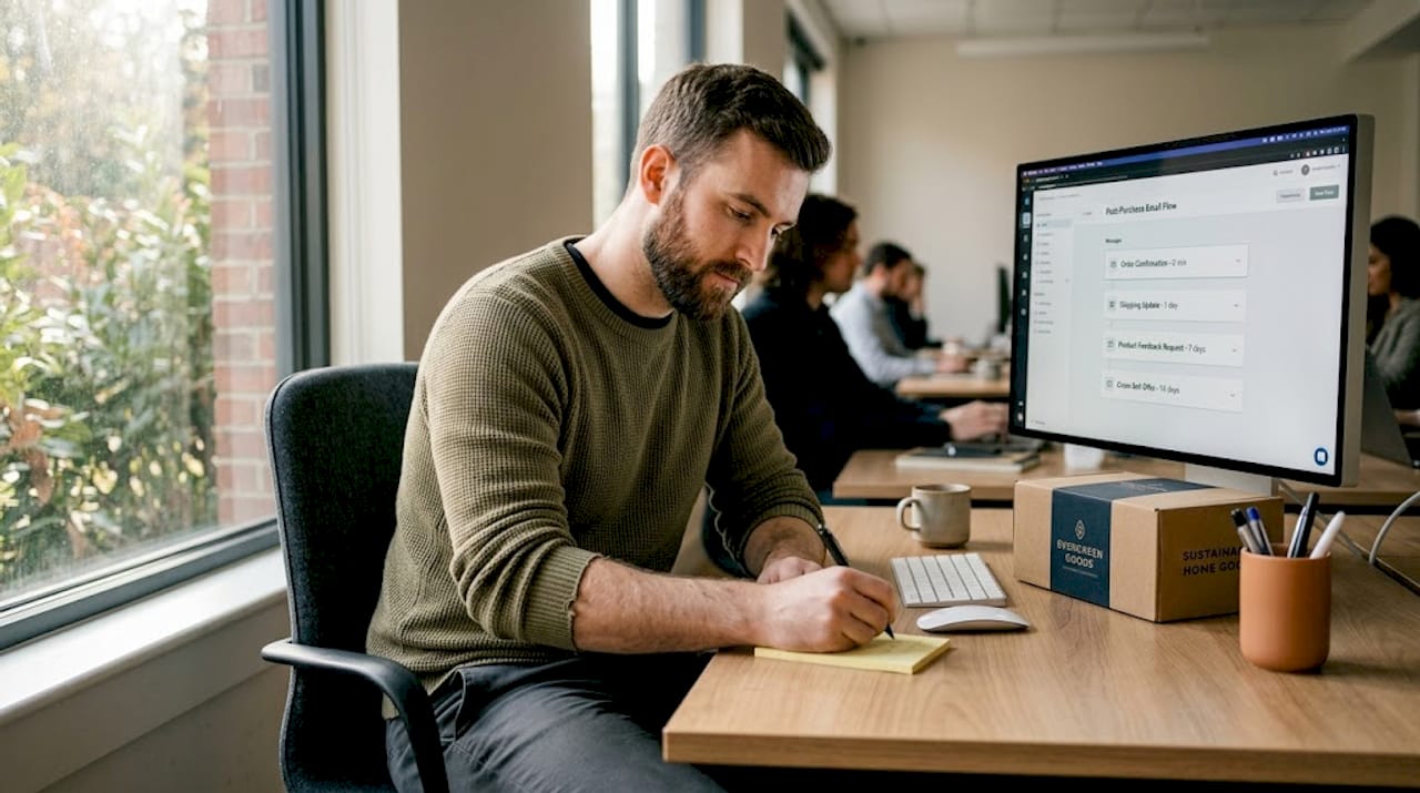Man planning post-purchase email sequence
