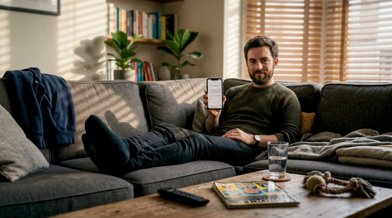 Man reading engaging brand email at home