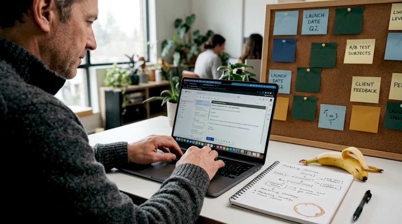 Man working on email campaign at coworking desk
