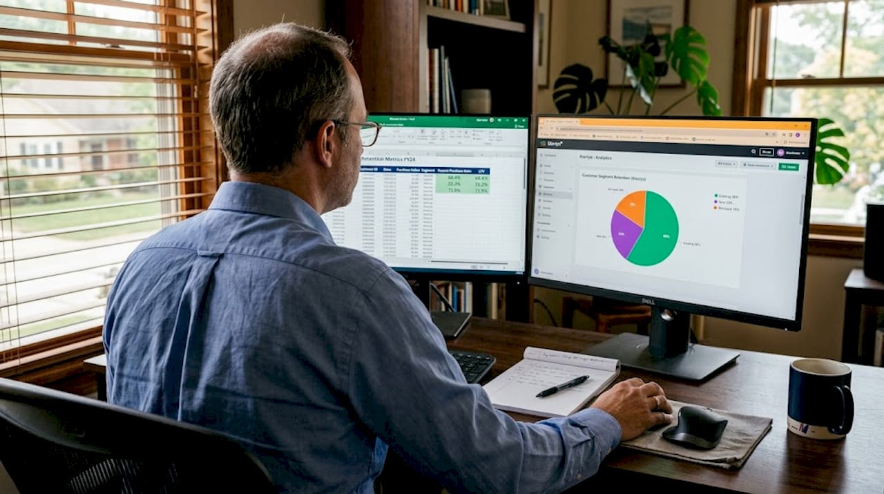 Analyst reviewing ecommerce repeat purchase data