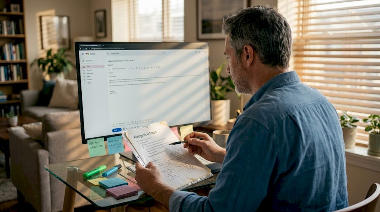 Founder reviewing personal brand email on desktop