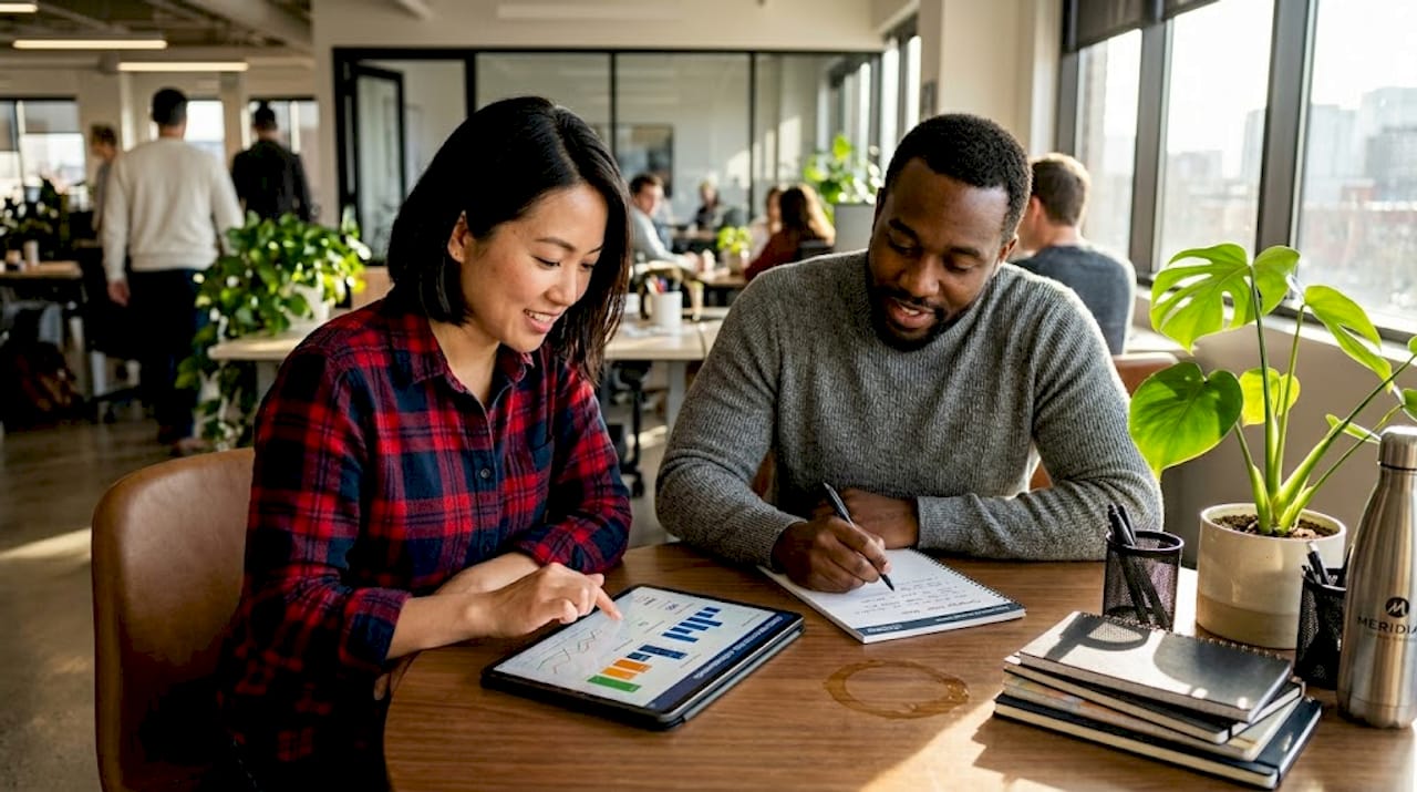 Team reviews email campaign stats collaboratively