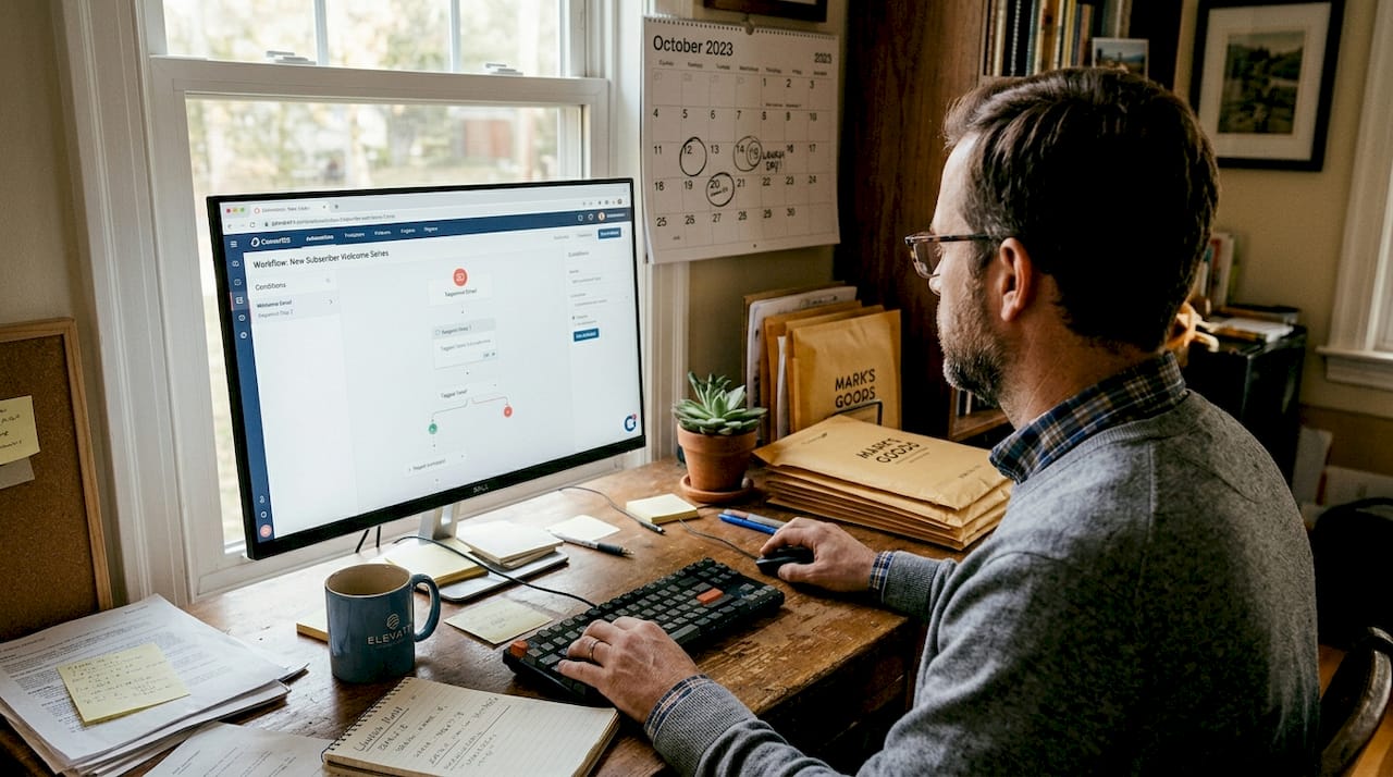Owner setting up email automation at home desk