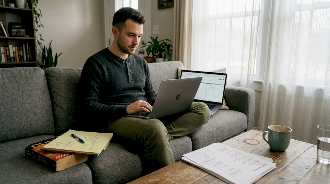 Man researching ecommerce keywords on laptop