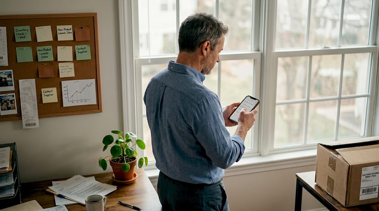 Business owner checking customer feedback in office
