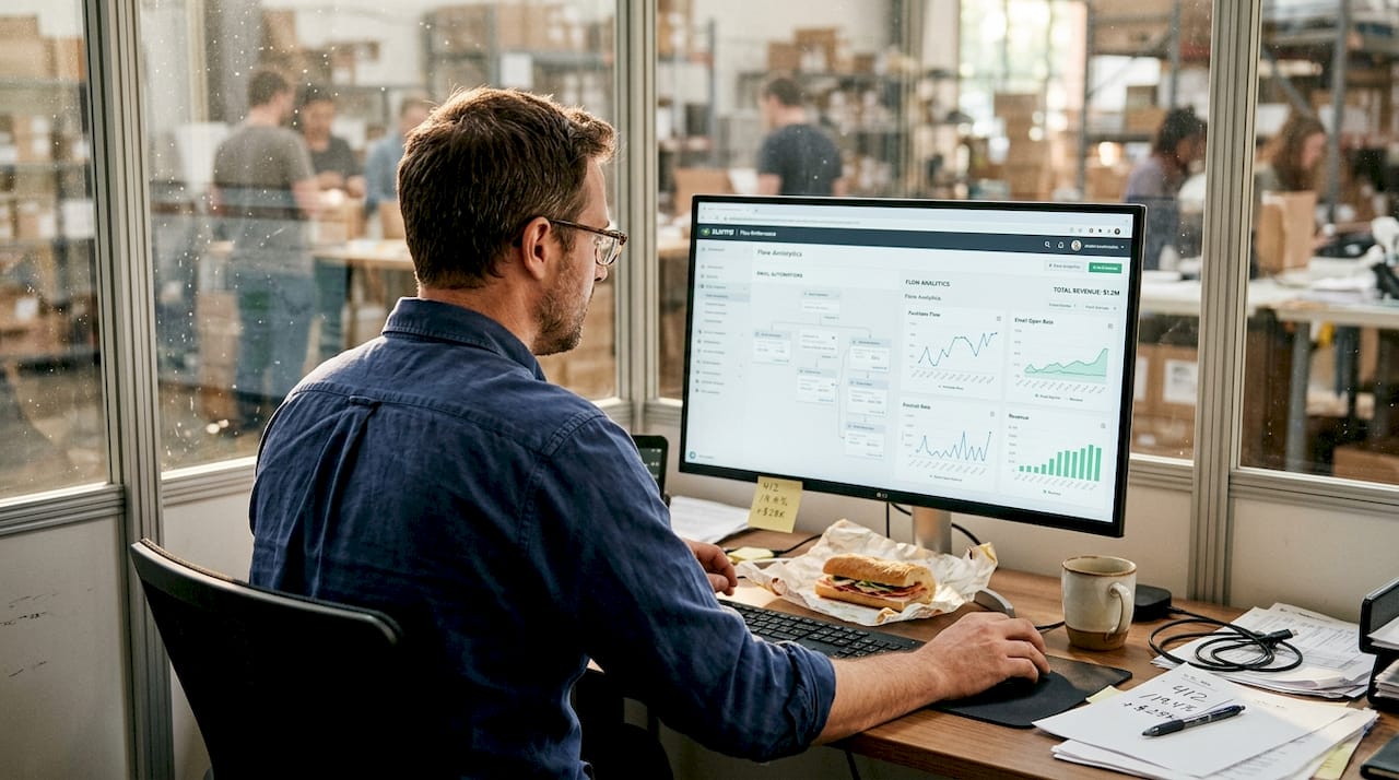 Ecommerce manager checking Klaviyo dashboard flows