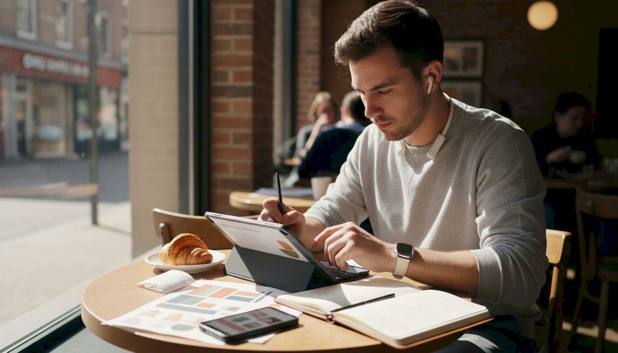 Man editing story at café table